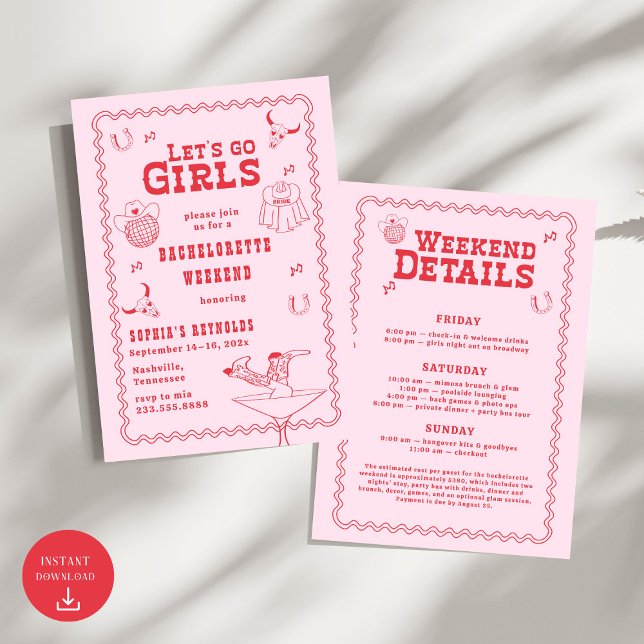 Let's Go Girls Cowgirl Pink and Red Bachelorette  Invitation (Creator Uploaded)