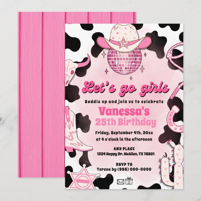 Let's Go Girls Cowgirl Rodeo Disco Invitation  (Front/Back)