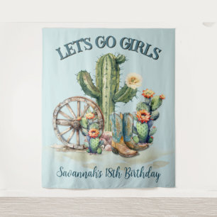 Lets Go Girls Cowgirl Teal Blue Rodeo Theme Cactus Tapestry