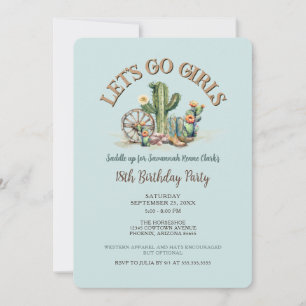 Lets Go Girls Cowgirl Western Aqua Blue Birthday Invitation