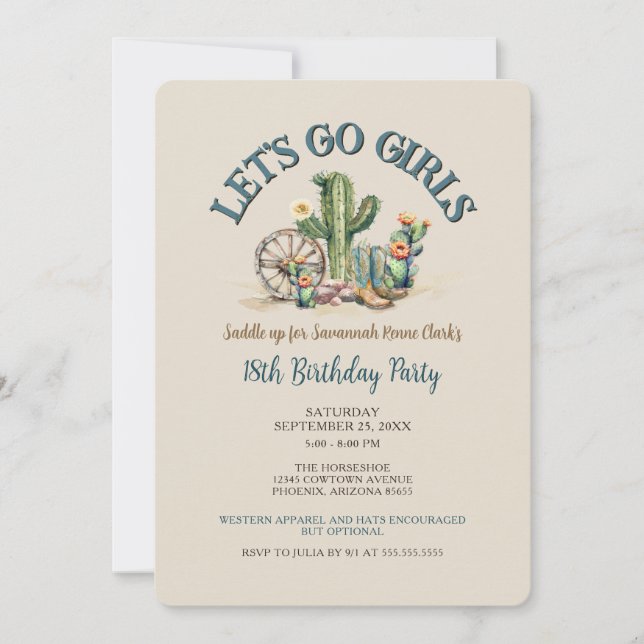 Lets Go Girls Cowgirl Western Birthday Party Invitation (Front)
