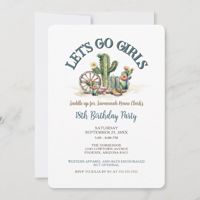 Lets Go Girls Cowgirl Western Cactus Birthday Invitation (Front)