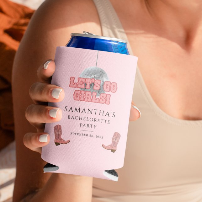 Lets Go Girls Disco Cowgirl Bachelorette Party Can Cooler (Cowboy Disco Bachelorette Party Can Cooler)