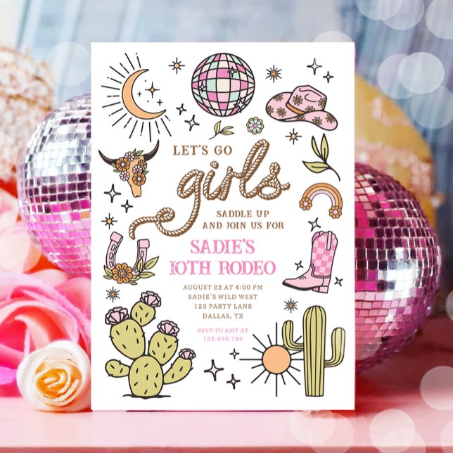 Let's Go Girls Rodeo Retro Disco Cowgirl Birthday Invitation (Creator Uploaded)