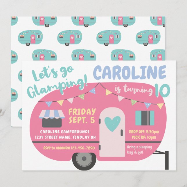 Let's Go Glamping Girly Any Age Birthday Party Invitation (Front/Back)
