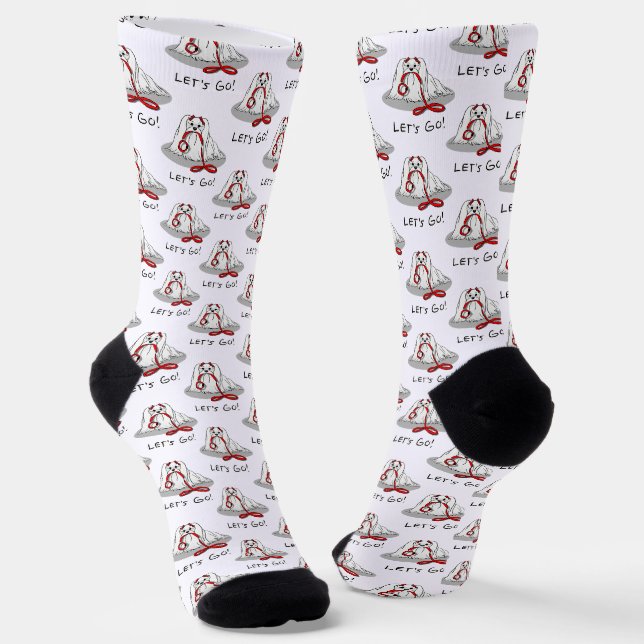 Let's Go! Maltese Dog with Red Leash - Cute Socks (Angled)