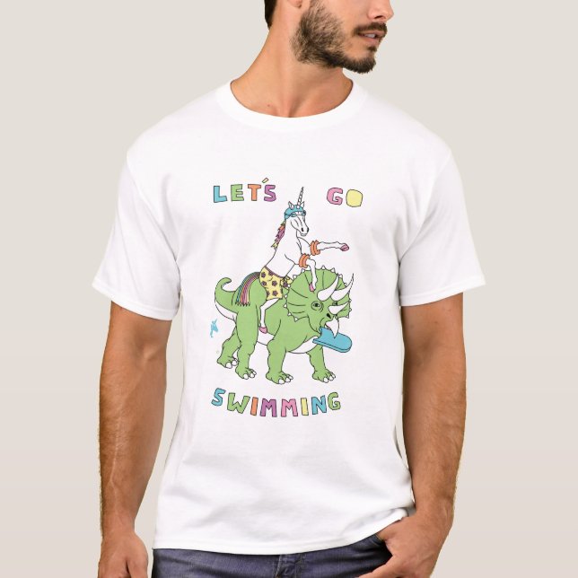 Let's Go Swimming (Male) Unicorn Riding Dinosaur T-Shirt (Front)