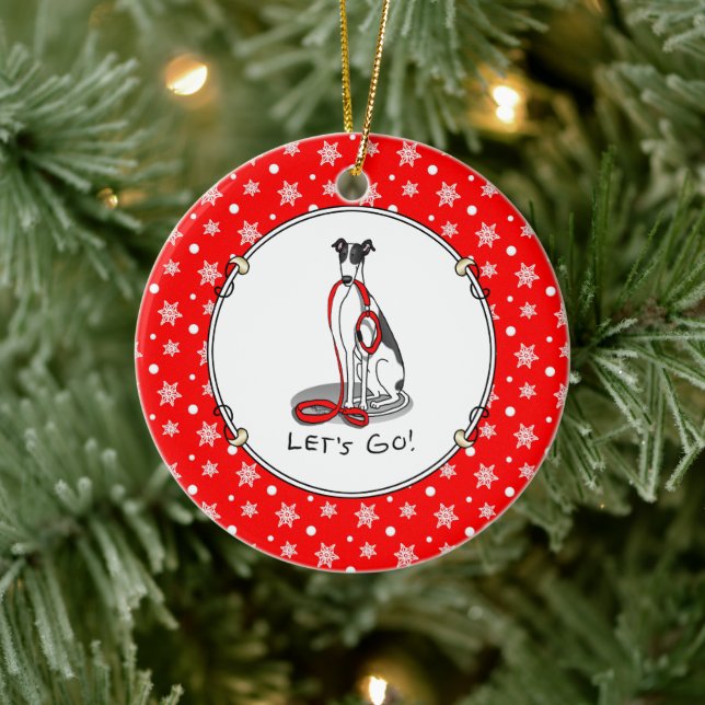 Let's Go! (walk) Greyhound Dog (black white) Funny Ceramic Ornament (Tree)