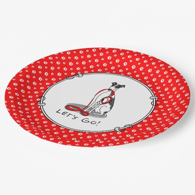 Let's Go! (walk) Greyhound Dog (black white) Funny Paper Plate (Angled)