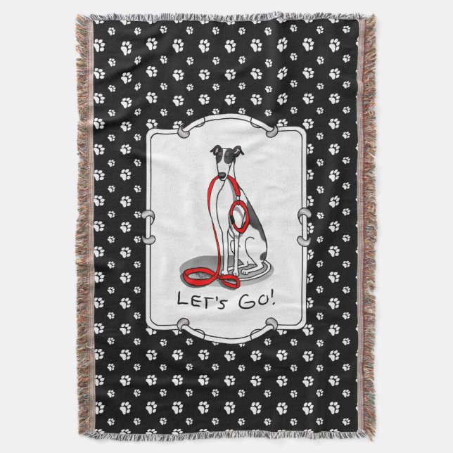 Let's Go! (walk) Greyhound Dog (black white) Funny Throw Blanket (Front Vertical)