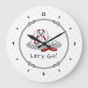 Let's Go! (walk) Maltese Dog with Red Leash Cute F Large Clock