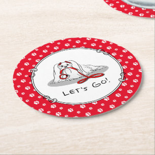 Let's Go! (walk) Maltese Dog with Red Leash Cute F Round Paper Coaster
