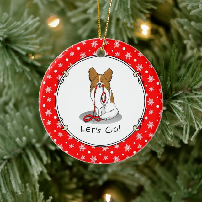 Let's Go! (walk) Papillon (white & red) Dog Cute Ceramic Ornament (Tree)
