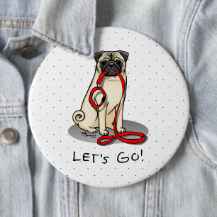 Let's Go! (walk) Pug Dog (light fawn) Leash Cute 6 Cm Round Badge