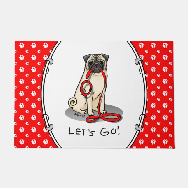 Let's Go! (walk) Pug Dog (light fawn) Leash Cute Doormat (Front)
