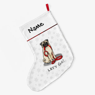 Let's Go! (walk) Pug Dog (light fawn) Leash Cute Large Christmas Stocking