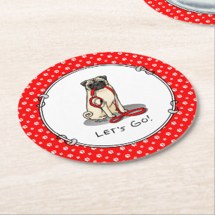 Let's Go! (walk) Pug Dog (light fawn) Leash Cute Round Paper Coaster