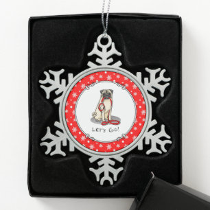 Let's Go! (walk) Pug Dog (light fawn) Leash Cute Snowflake Pewter Christmas Ornament