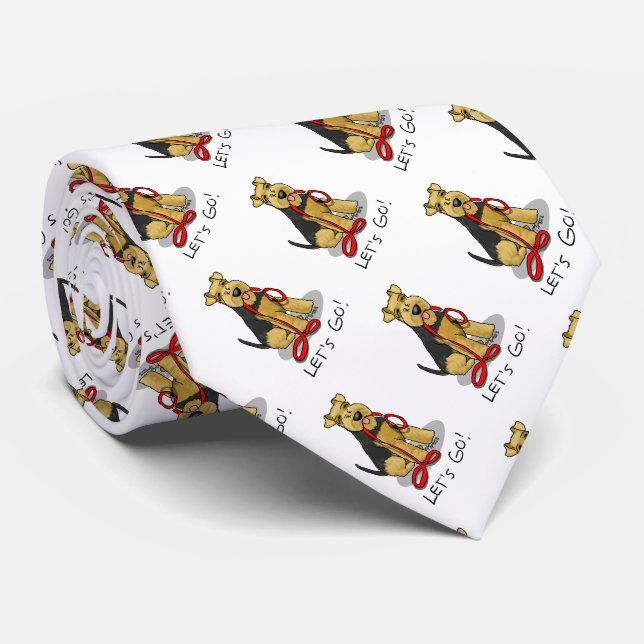 Let's Go! Welsh Terrier Dog with red leash Funny Tie (Rolled)