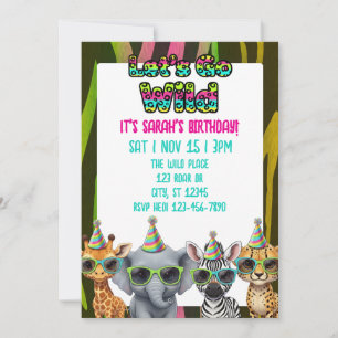 Let's Go Wild, party animal with shades birthday Invitation