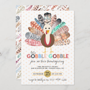 "Let's Gobble Gobble" Modern Boho Thanksgiving Invitation