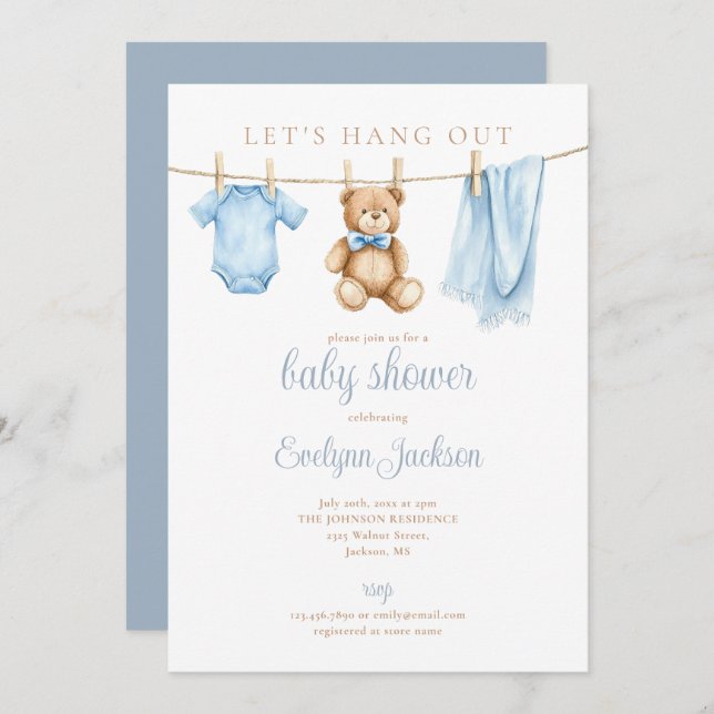 Let's Hang Out Blue Boy Clothesline Baby Shower Invitation (Front/Back)