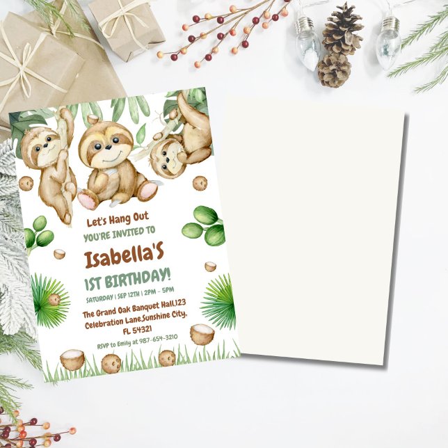  Let's Hang OuT sloth greenery  First birthday Invitation (Creator Uploaded)