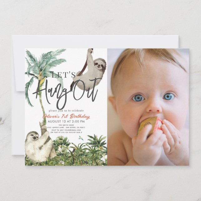 Let's Hang Out Sloth Jungle 1st Birthday Photo Invitation (Front)