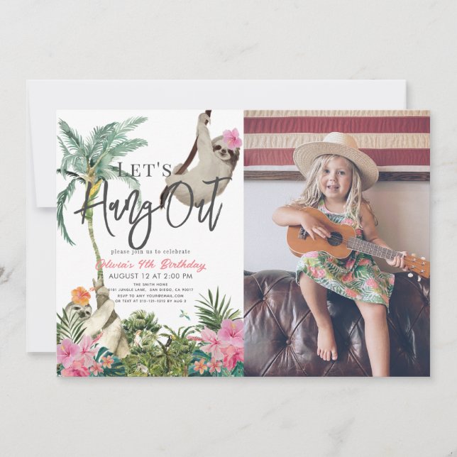 Let's Hang Out Sloth Jungle Girl Birthday Photo Invitation (Front)