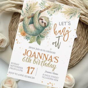 Let's hang out sloth kids birthday invitation
