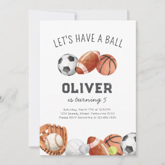 Let's Have A Ball Sports Birthday Party  Invitation
