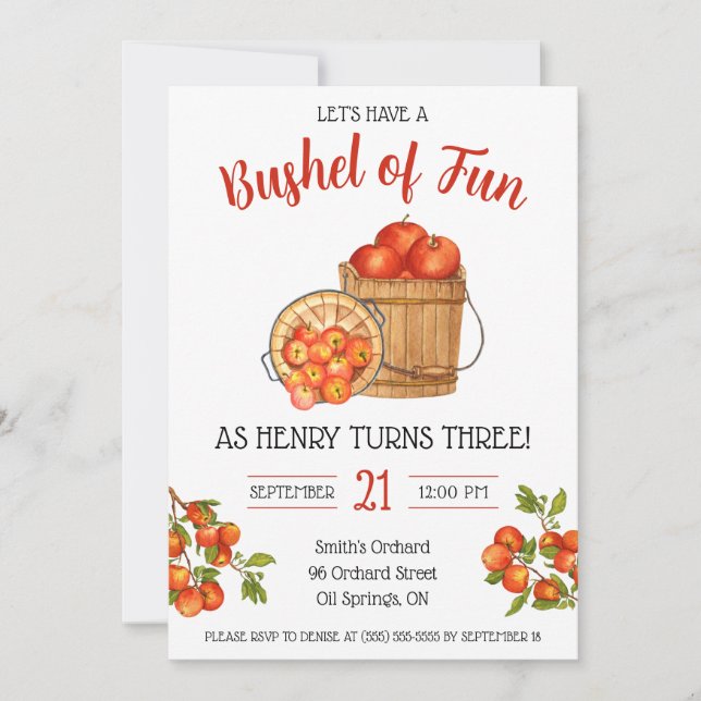Let's Have a Bushel of Fun!  Apple Birthday Party Invitation (Front)