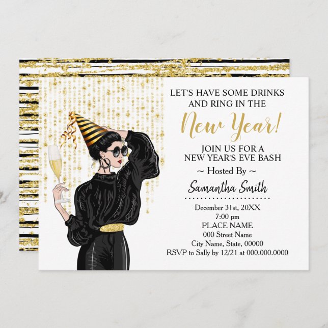 Lets Have a Drink to Ring In The New Year Glitter Invitation (Front/Back)