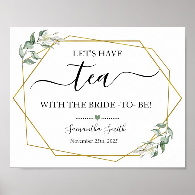Lets have tea bride greenery gold bridal shower poster (Front)