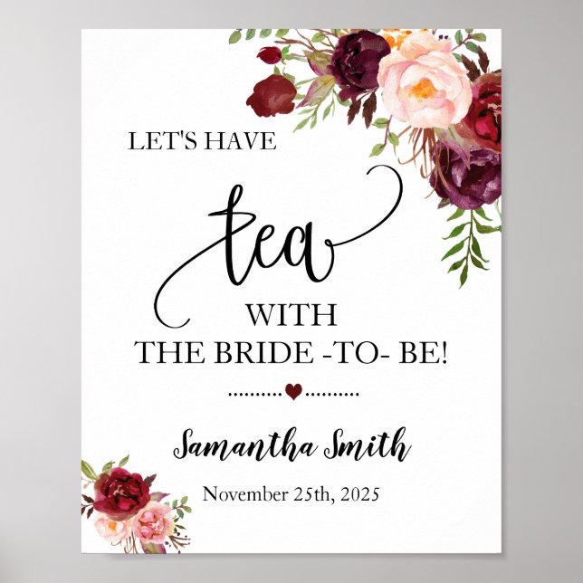 Let's have tea with bride to be marsala wedding poster (Front)