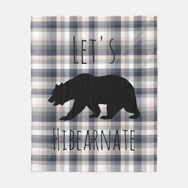 Let's Hibearnate White Bear & Grey Cream Plaid Fleece Blanket (Front)