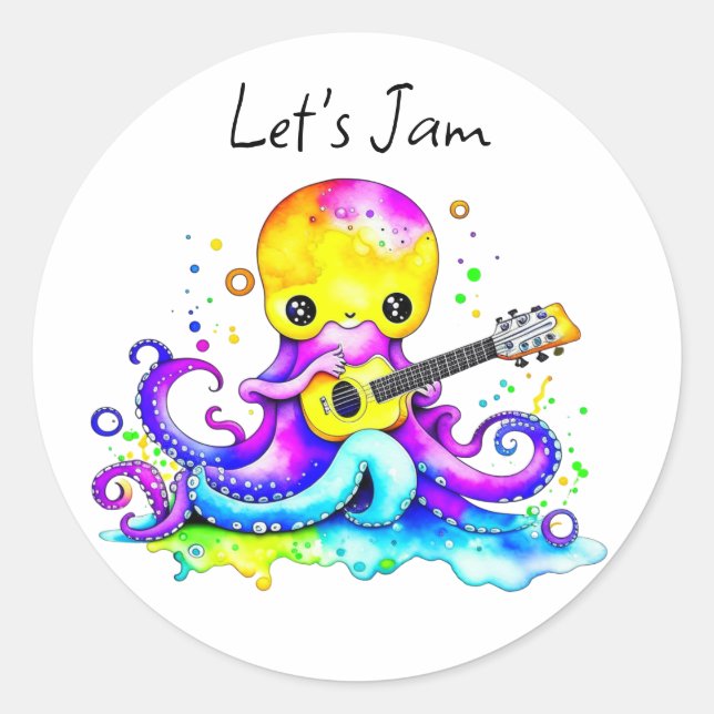 Let's Jam  | Octopus Playing Acoustic Guitar Classic Round Sticker (Front)