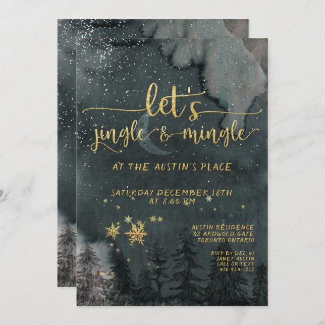 Let's Jingle & Mingle Gold Woodland Holiday Party Invitation (Front/Back)
