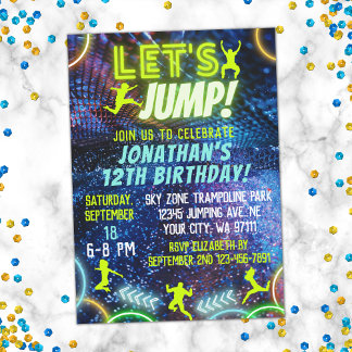 Let's Jump Bounce Neon Trampoline Park Birthday Invitation