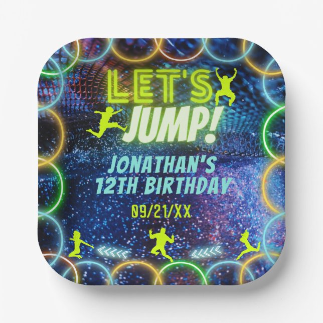Let's Jump Bounce Trampoline Party Neon Green Glow Paper Plate (Front)