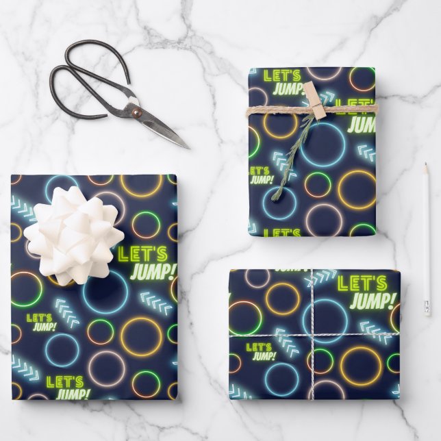 Let's Jump Neon Glow Trampoline Park Birthday Wrapping Paper Sheet (Front)
