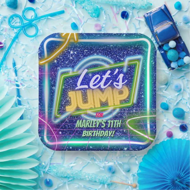 Let's Jump Party Bounce Neon Trampoline Park  Paper Plate (Party)