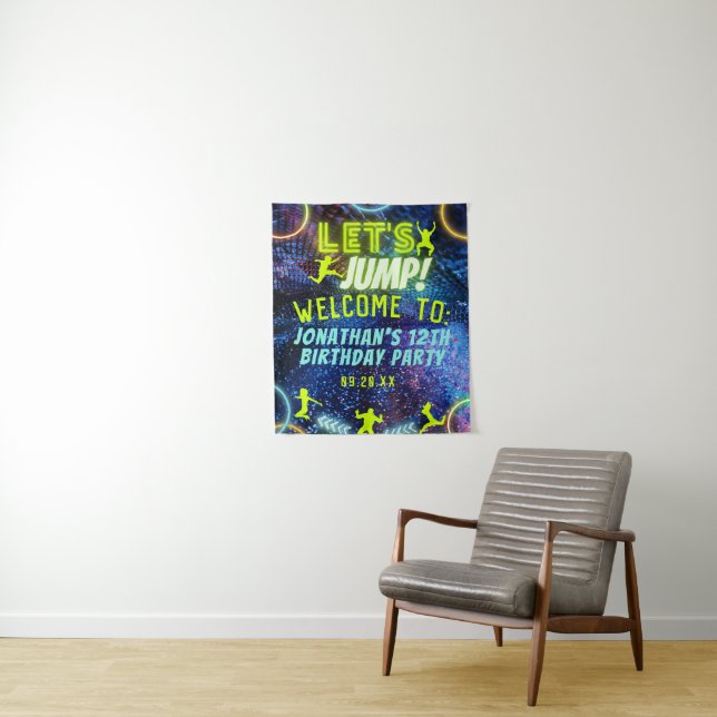 Let's Jump Trampoline Neon Birthday Party Sign Tapestry (In Situ)