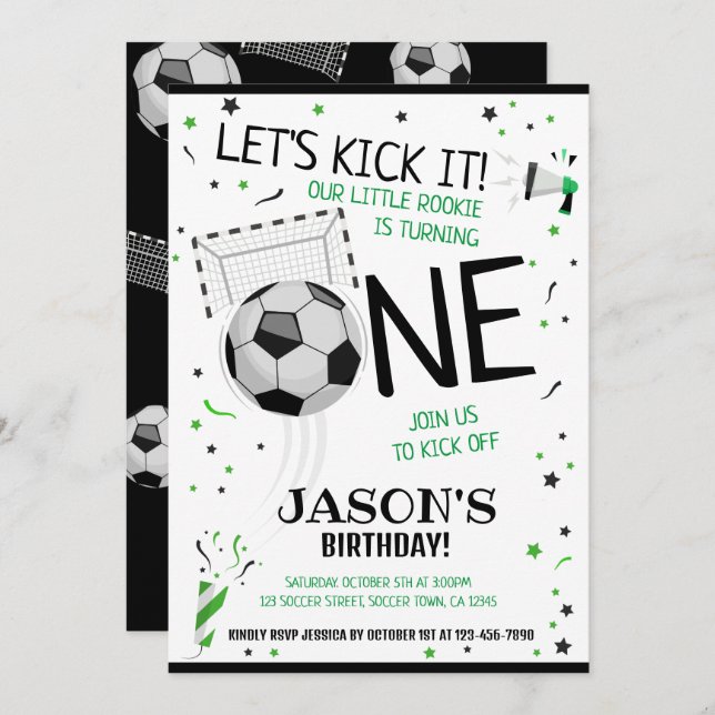 Let's Kick It Black Rookie Soccer 1st Birthday Invitation (Front/Back)