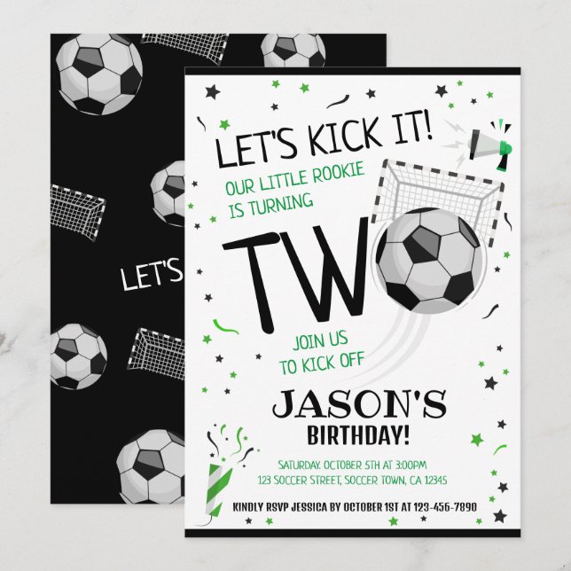 Let's Kick It Black Rookie Soccer 2nd Birthday Invitation (Front/Back)