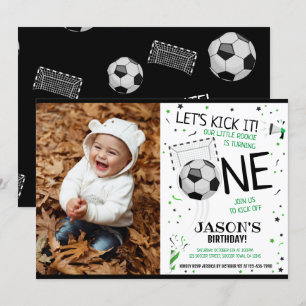 Let's Kick It Black Soccer Photo 1st Birthday Invitation
