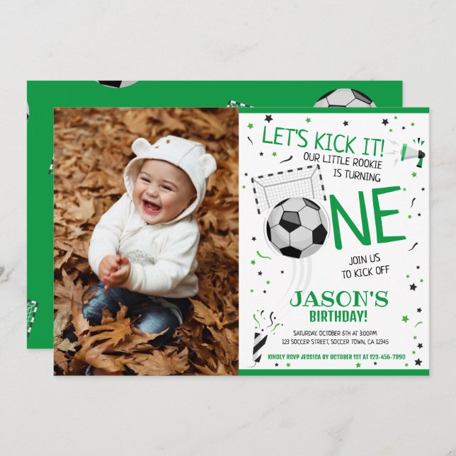 Let's Kick It Green Soccer Photo 1st Birthday Invitation (Front/Back)