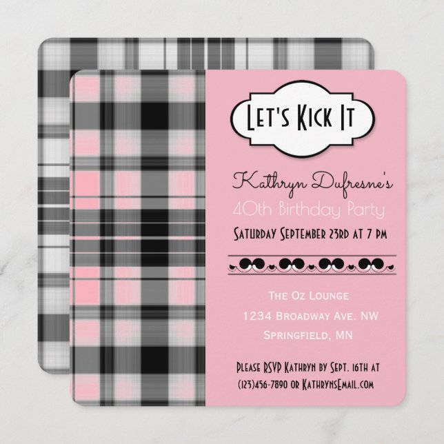 "Let's Kick It" Pink Plaid Birthday Invitation (Front/Back)