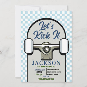 Let's Kick It Skateboard Birthday Boys Blue Invitation