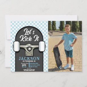 Let's Kick It Skateboard Birthday Boys Blue Photo Invitation